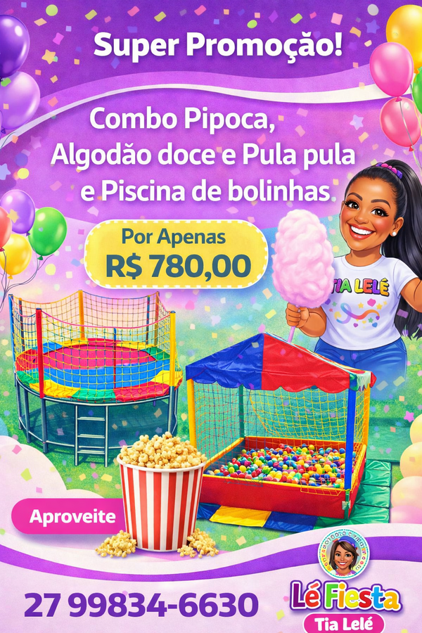 Aluguel de Pula Pula + Piscina de Bolinhas + Barraca de Pipoca + Barraca de Algodão Doce
