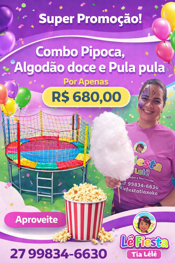 Combo Aluguel de Pipoca, Algodão Doce e Pula Pula